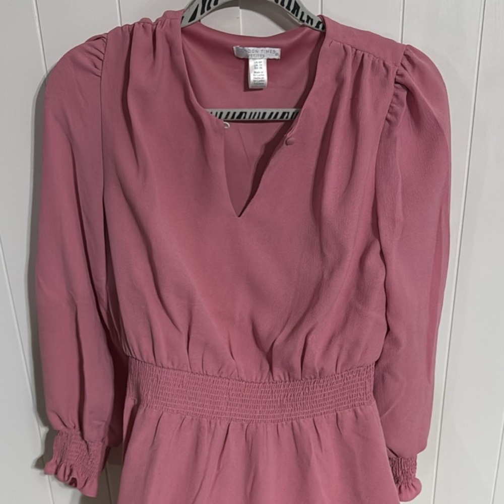 London Times Pink A-Line Midi Dress with Bishop Sleeves